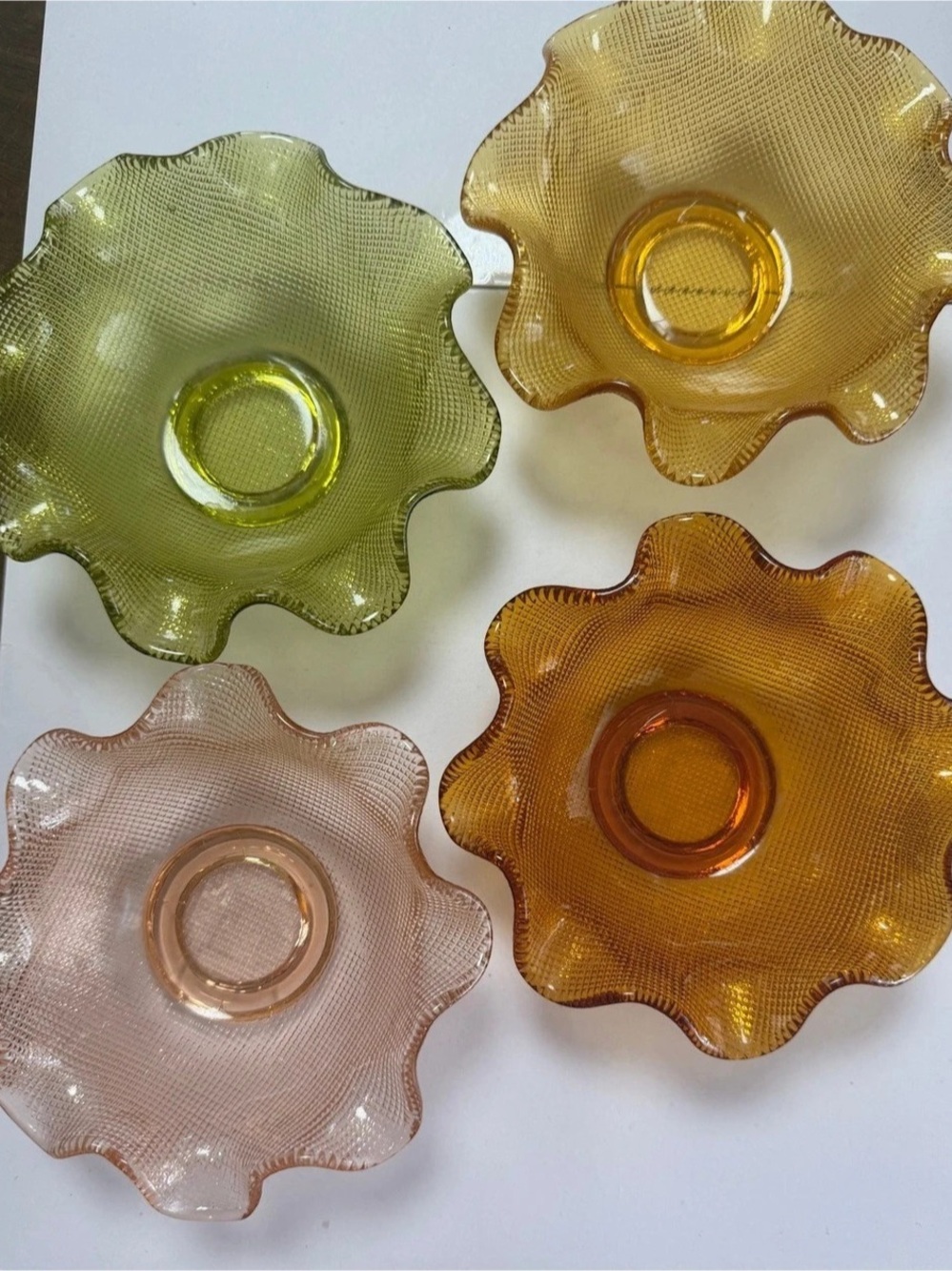 Vintage Indiana Glass Diamond Point Ruffled Dishes – Set of 4